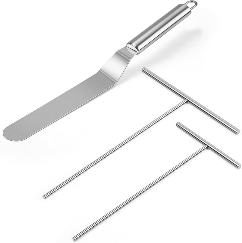 VWINDESK Crepe Spreader and Spatula Kit, Metal Handle Curved Offset Spacula 12", Stainless Steel 7" & 5" T-Shaped Batter Spreaders, Pancake Tool, Crepes Turner Sticks Fit Any Crepe Pan Maker, Pack of 3 - Image 1